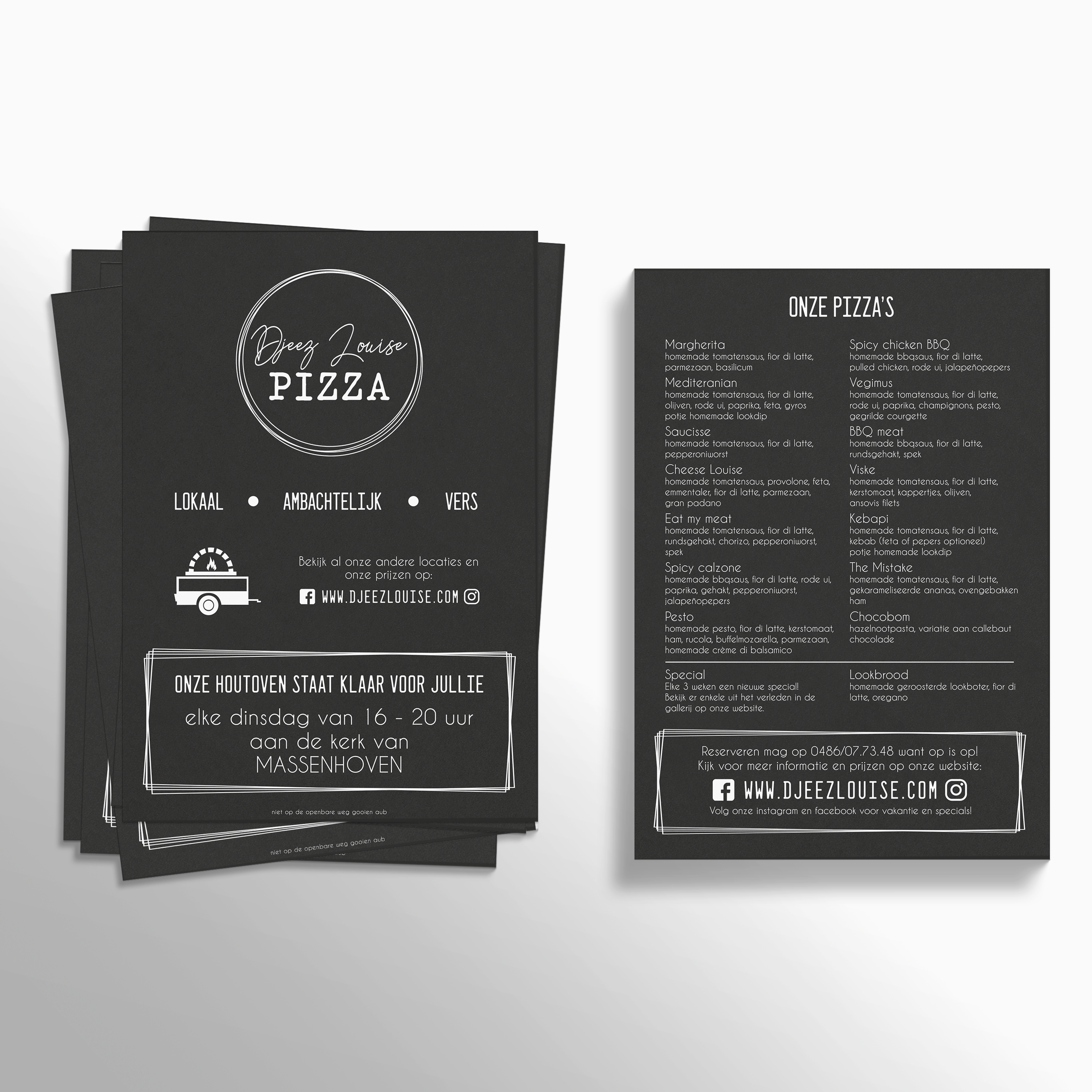 Flyers gemaakt voor Djeeze Louise pizza met menu aan de achterkant.