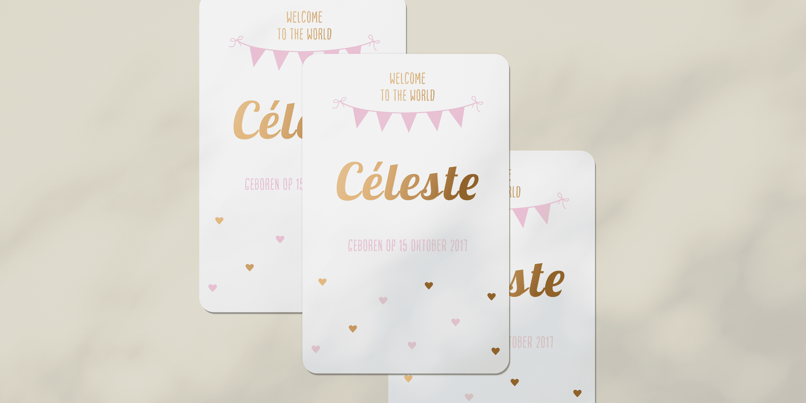 Een schattig geboortekaartje voor Celeste, met roze en accenten met goudfolie.