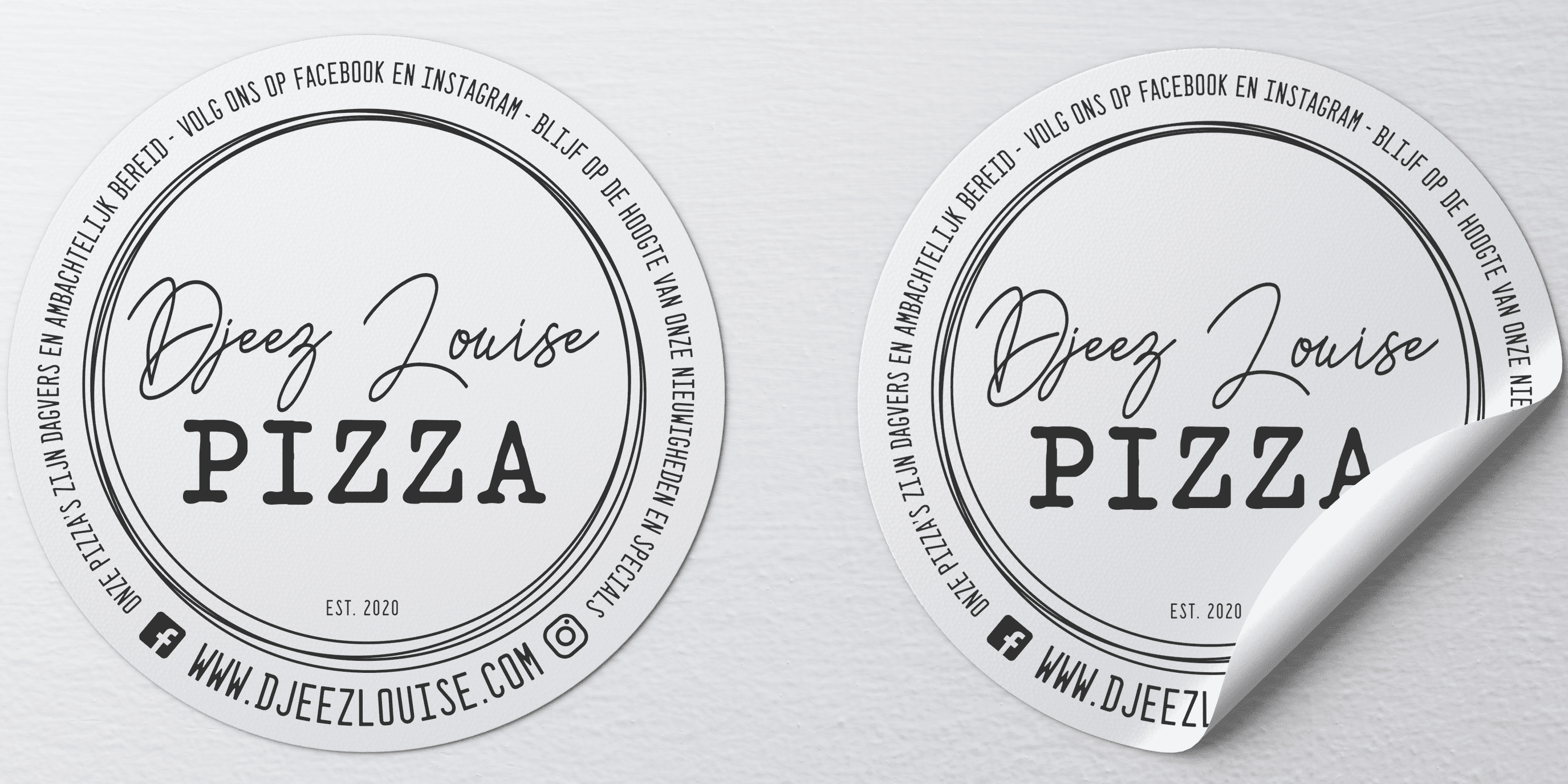 Grafisch ontwerp ronde stickers voor Djeez Louise pizza.